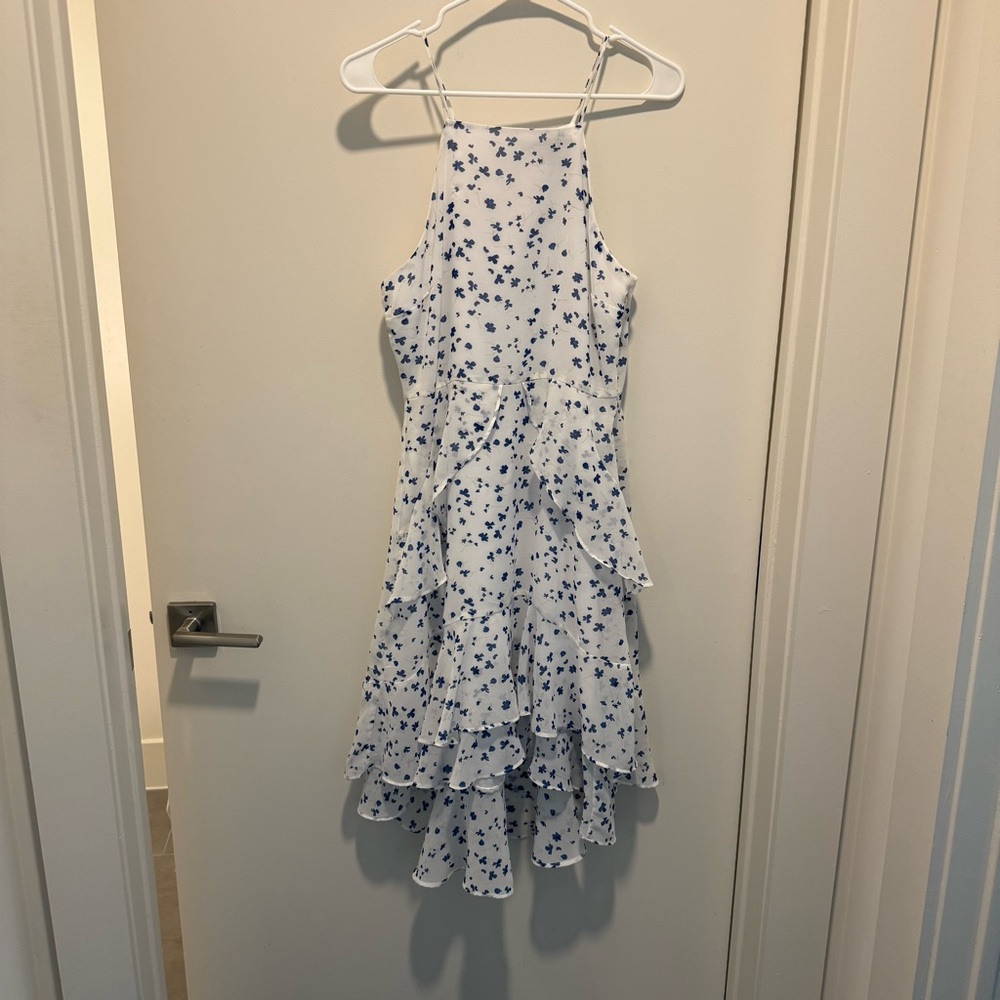 Banana Republic Floral Tiered Gauze Ruffle Dress (White with Blue Details)